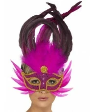 Bright Pink Feathered Eyemask with Gold Braid Edge