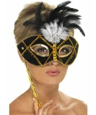 Eyemask, Black and Gold with Feather on Stick